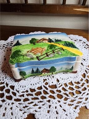 Vintage West German Pottery 3655 Alpine Chalet Trinket Box Hand Painted Ceramic